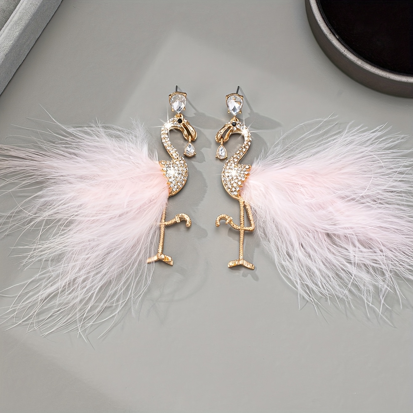 Flamingo Feather Earrings with Rhinestones